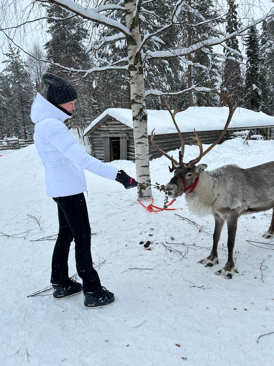 Yeva Kholopova in a snowy northern landscape with a reindeer